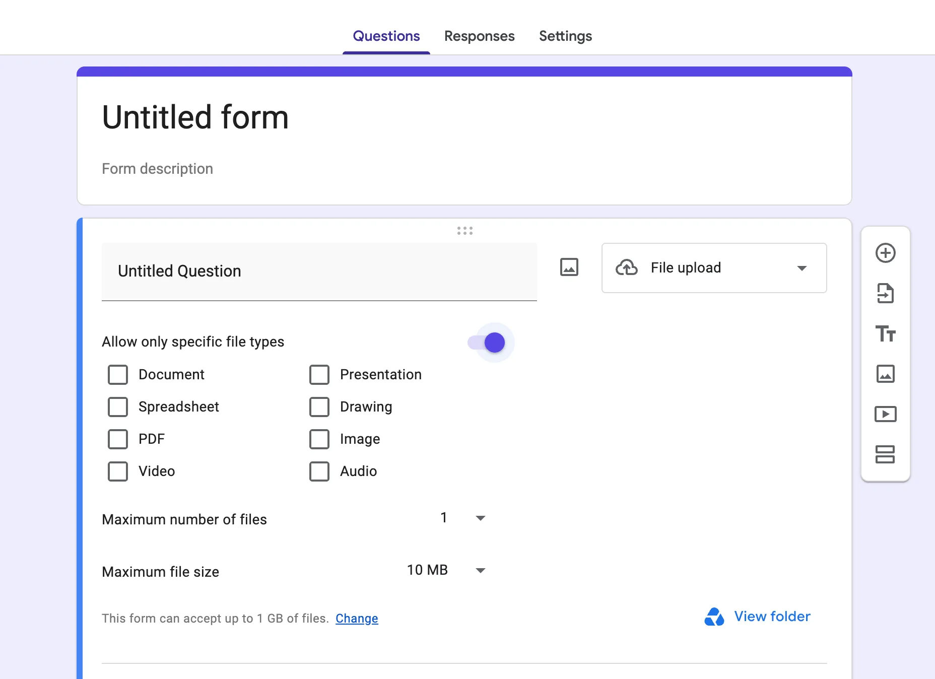 Google Forms upload settings showing eight file-type categories, one file, 10 MB per file and a 1 GB form total