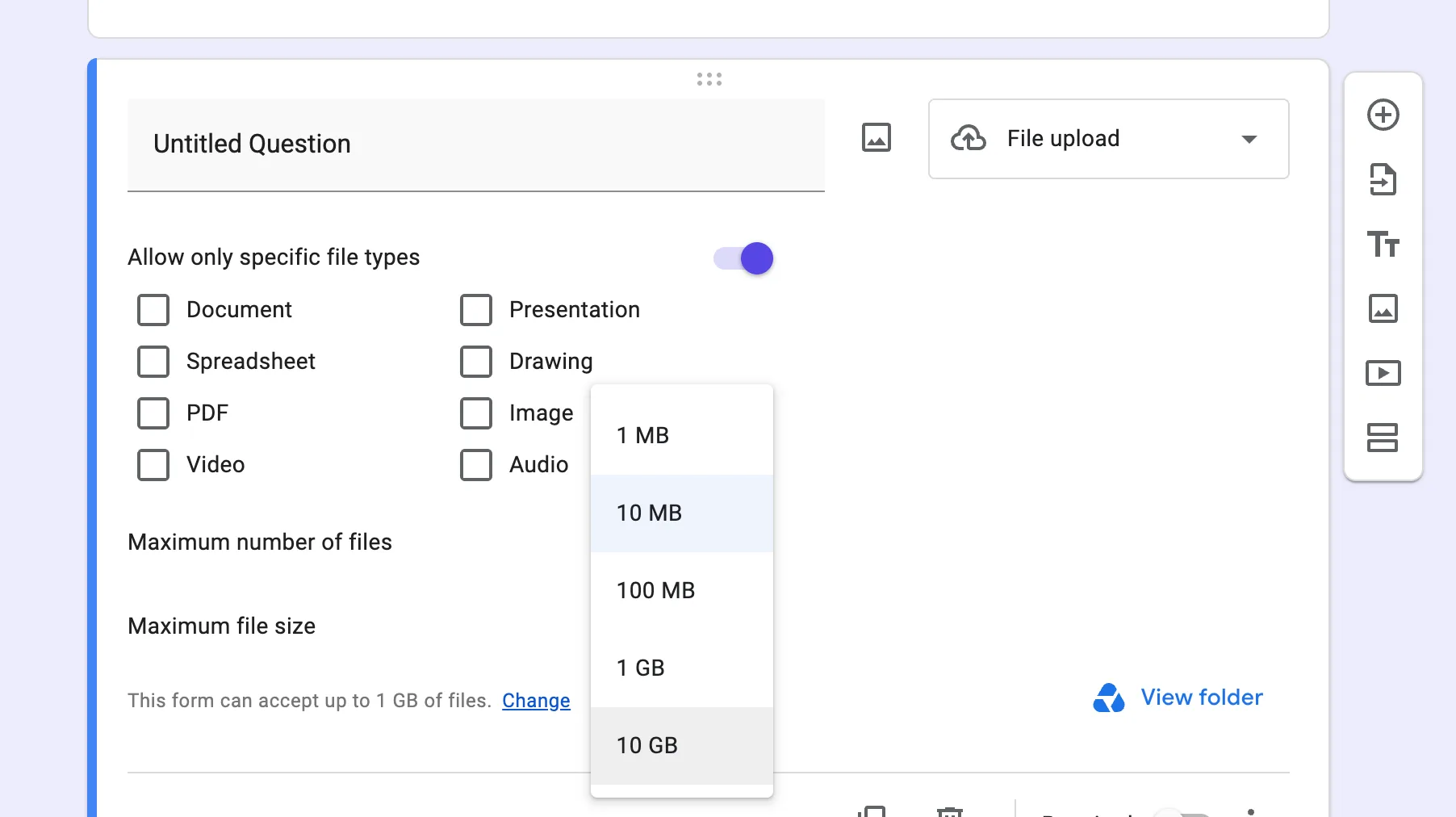Maximum file size menu in Google Forms with options 1 MB, 10 MB, 100 MB, 1 GB and 10 GB