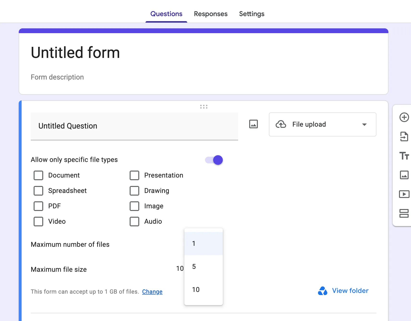 Maximum number of files menu in Google Forms with options 1, 5 and 10