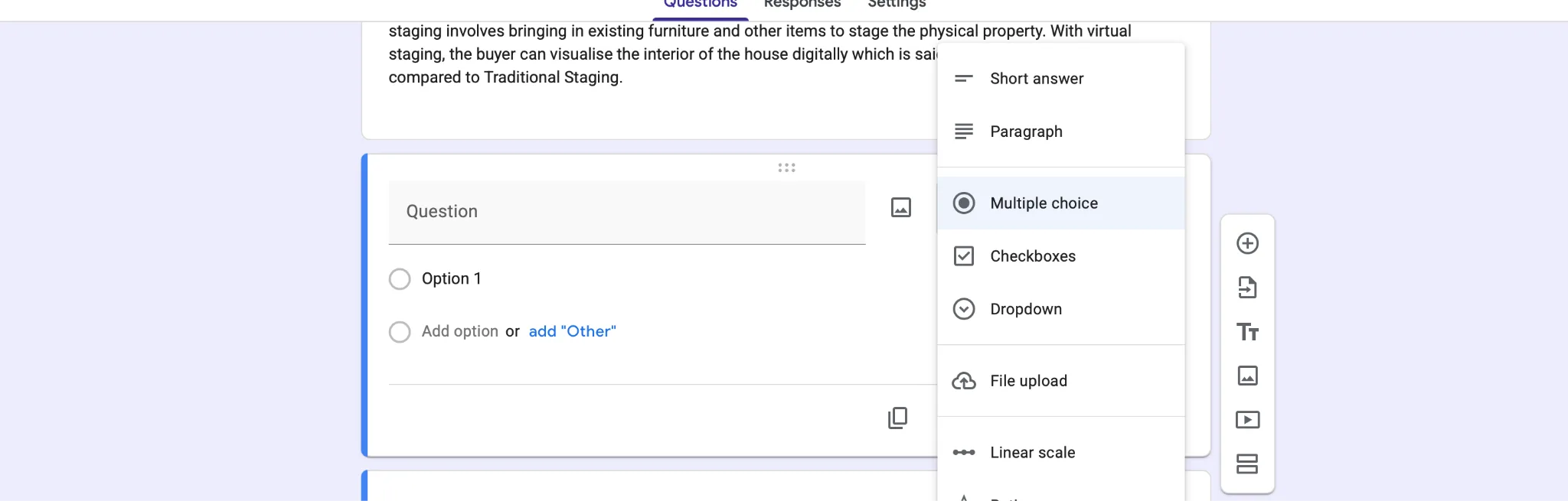 The question-type menu open beside a new question in Google Forms, listing Short answer, Paragraph, Multiple choice, Checkboxes, Dropdown, File upload and Linear scale