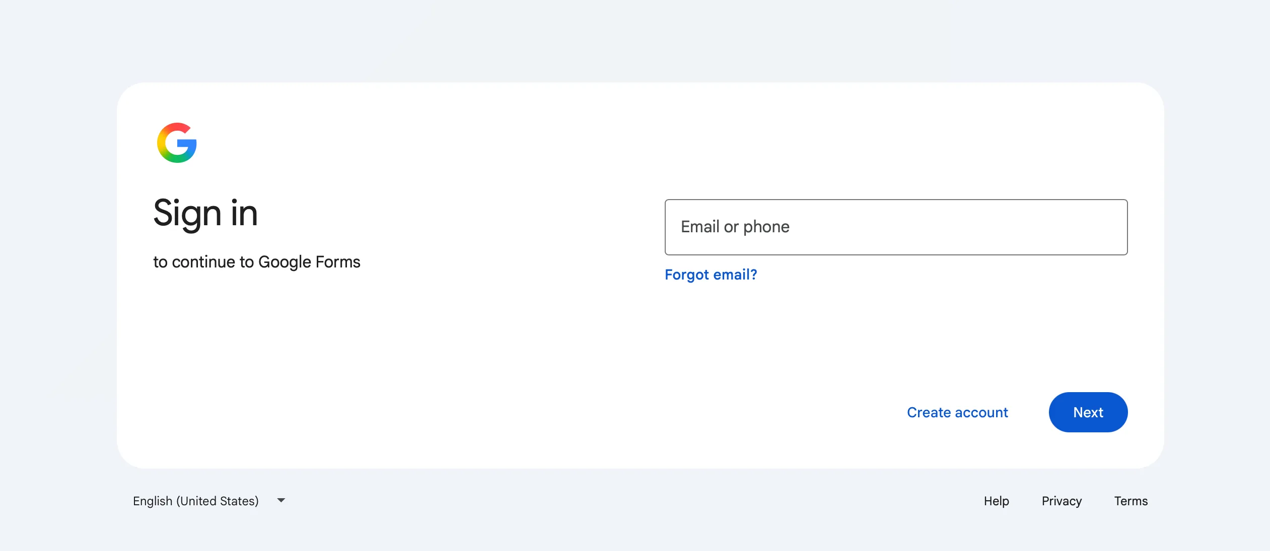 Google sign-in page reading Sign in to continue to Google Forms, with an Email or phone field, Create account and Next
