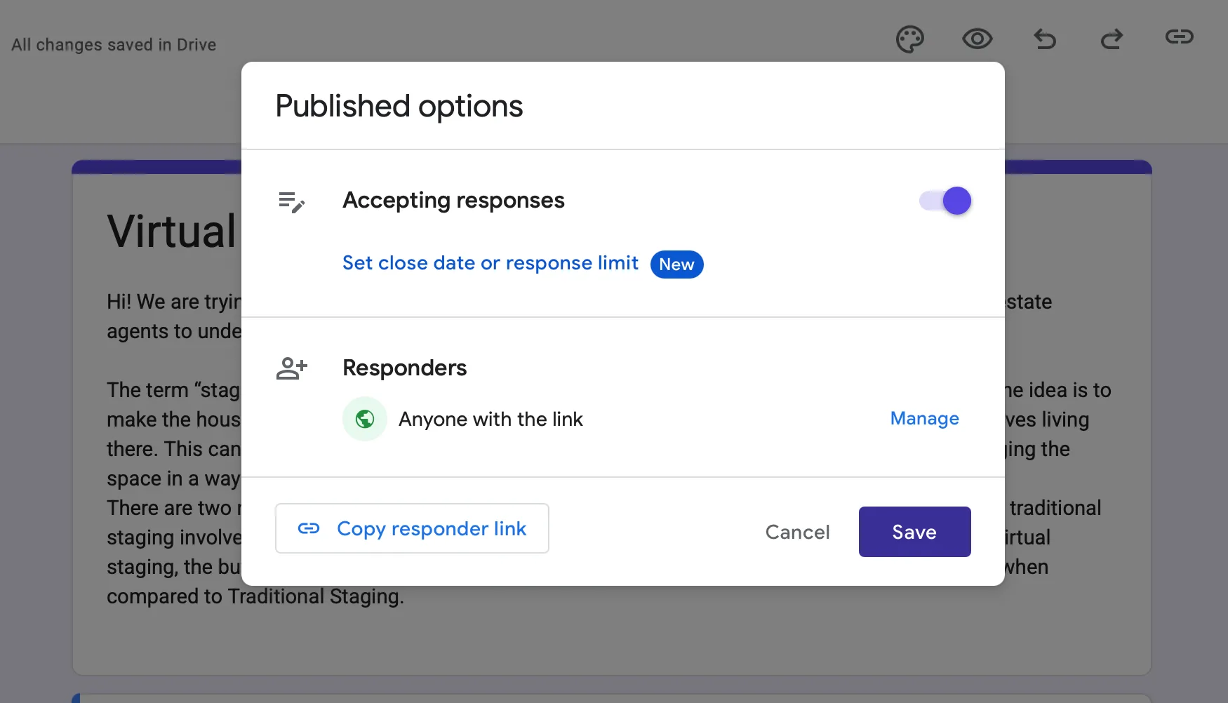 The Published options dialog in Google Forms with Accepting responses turned on, Responders set to Anyone with the link, a Manage link and a Copy responder link button