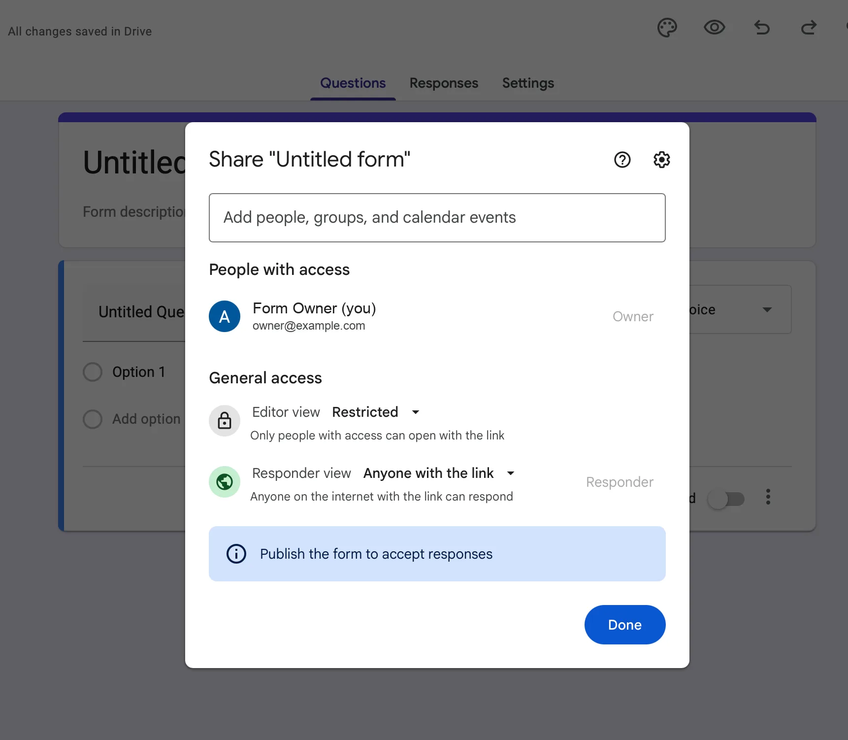 The Share dialog for a Google Form: under General access, Editor view is Restricted and Responder view is set to Anyone with the link, with a note to publish the form to accept responses and a Done button